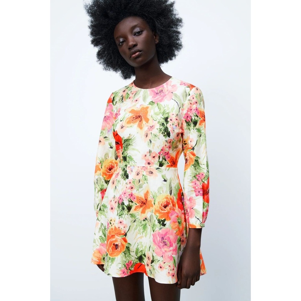 Zara Naya‎ Dress XL Floral Open Back Mini Linen/Cotton NWT Wedding Guest